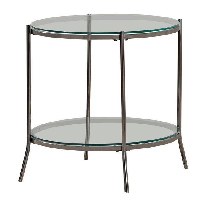 Laurie Round Glass Top End Table Black Nickel and Clear