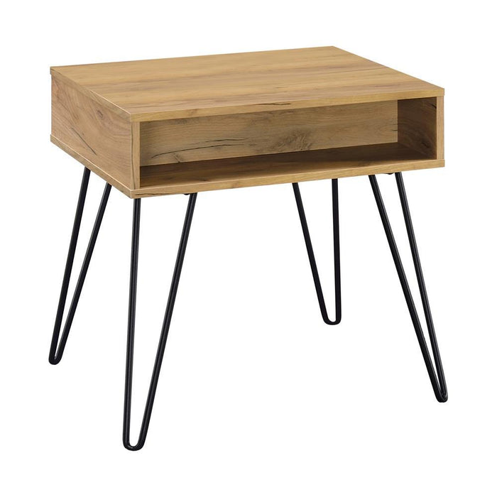 Fanning Square End Table with Open Compartment Golden Oak and Black